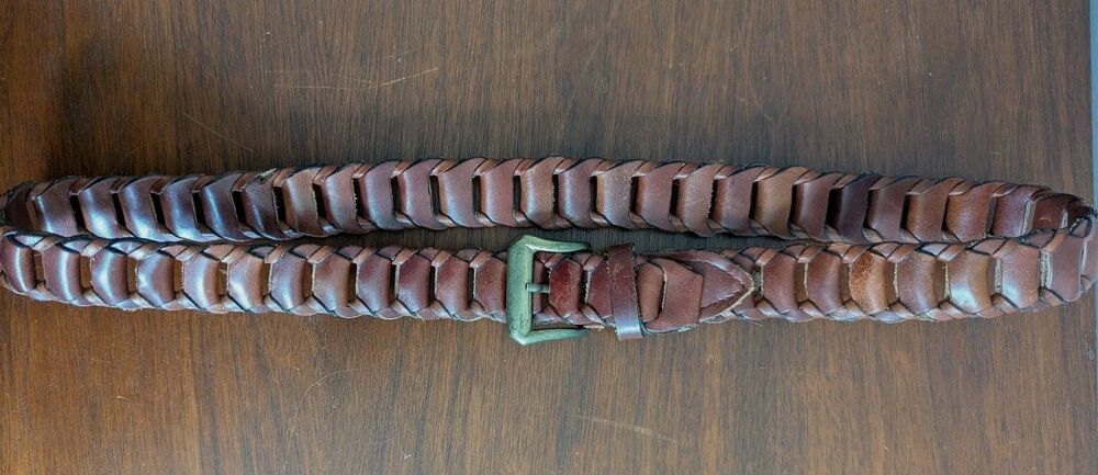 Vtg 90s Braided Ladder Box Woven Leather Belt Brown Brass Buckle Preppy Classic - Picture 2 of 10